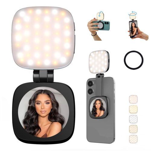 Version 1.0.0 MagSafe Magnetic Selfie Light with Mirror for iPhone – Rechargeable LED Fill Light, CRI≥95, 5 Color Temps, Foldable Portable Ring Light for Vlog, Makeup, Back‑Camera & Video Recording,Photography