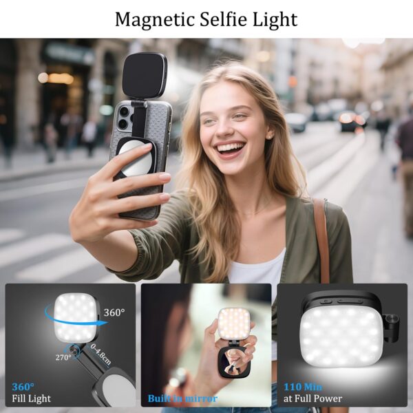 MagSafe Magnetic Selfie Light with Mirror for iPhone – Rechargeable LED Fill Light, CRI≥95, 5 Color Temps, Foldable Portable Ring Light for Vlog, Makeup, Back‑Camera & Video Recording，Photography
