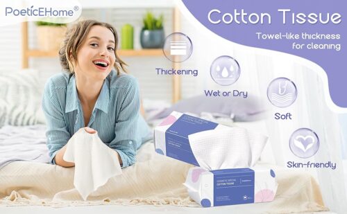 PoeticEHome Extra Thick Cotton Dry Wipes, Disposable Face Towel Lint-Free Facial Tissue Cloths for Deeply Cleansing & Makeup Cleaning 4 PACK