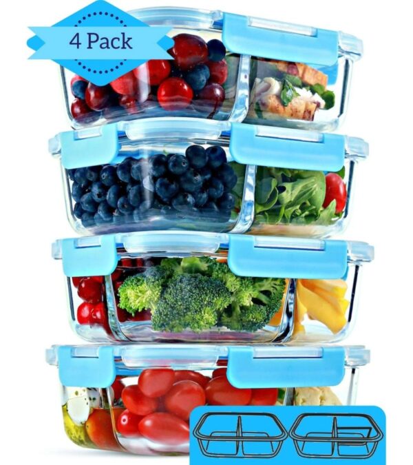 2 & 3 Compartment Glass Meal Prep Containers (4 Pack, 32 oz) – Glass Food Storage Containers with Lids, Glass Lunch Box, Glass Bento Box Lunch Containers, Portion Control, Airtight