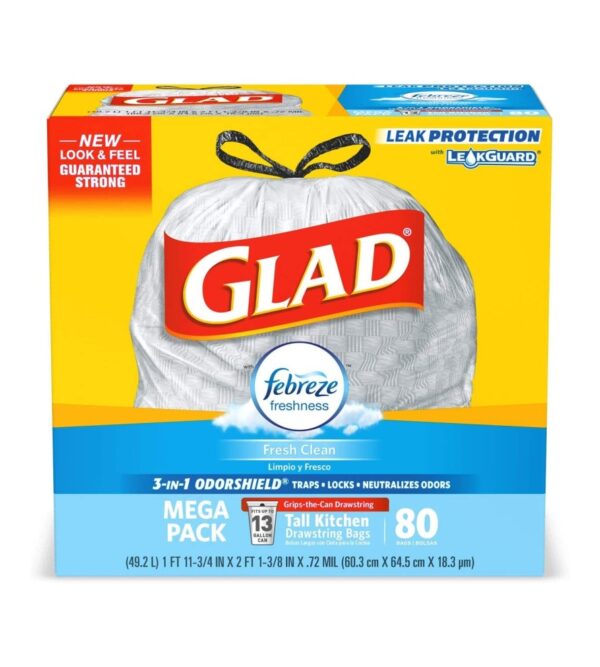 Glad Tall Kitchen Drawstring Trash Bags – OdorShield 13 Gallon Grey Trash Bag, Febreze Fresh Clean – 80 Count