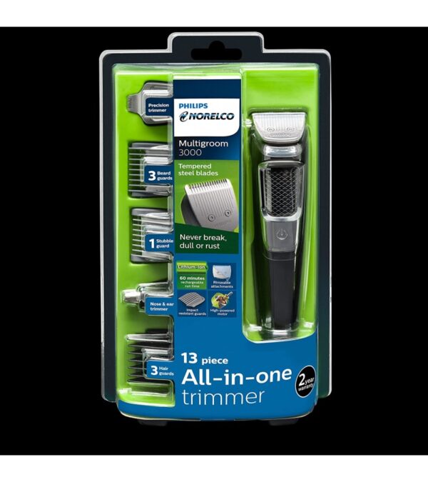 Philips Norelco Multigroomer All-in-One Trimmer Series 3000, 13 Piece Mens Grooming Kit, for Beard, Face, Nose, and Ear Hair Trimmer and Hair Clipper, NO Blade Oil Needed, MG3750/60