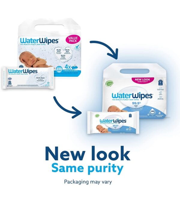 WaterWipes Plastic-Free Original Baby Wipes, 99.9% Water Based Wipes, Unscented & Hypoallergenic for Sensitive Skin, 540 Count (9 packs), Packaging May Vary