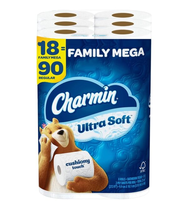 Charmin Ultra Soft Cushiony Touch Toilet Paper, 18 Family Mega Rolls = 90 Regular Rolls
