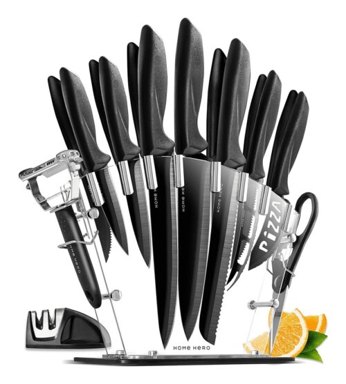 Home Hero Kitchen Knife Set, Steak Knife Set & Kitchen Utility Knives – Ultra-Sharp High Carbon Stainless Steel Knives with Ergonomic Handles (17 Pc Set, Black)