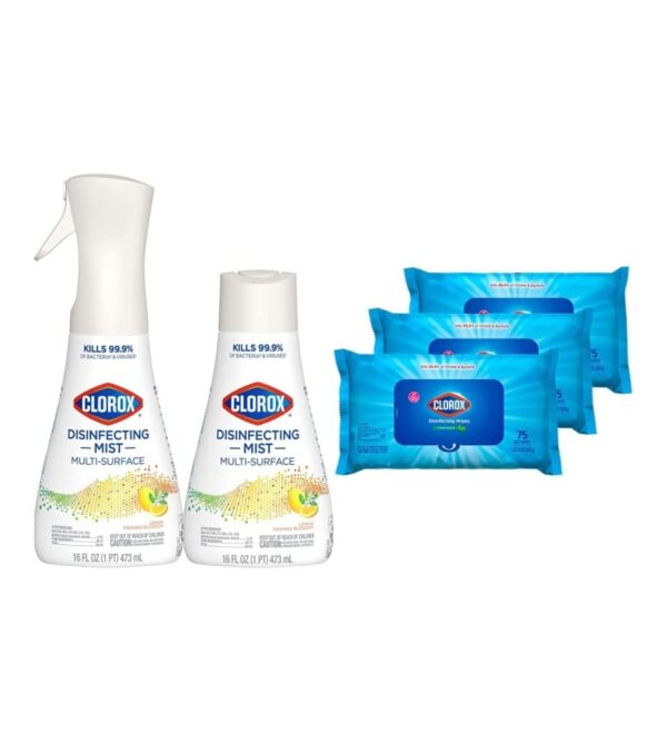 Clorox Cleaning Bundle Disinfecting Mist Lemon & Orange Blossom Scent (1 Spray Bottle & 1 Refill, 16 Fl Oz Each) Disinfecting Wipes, Moisture Seal Lid Fresh Scent (3-Pack, 75ct Each)
