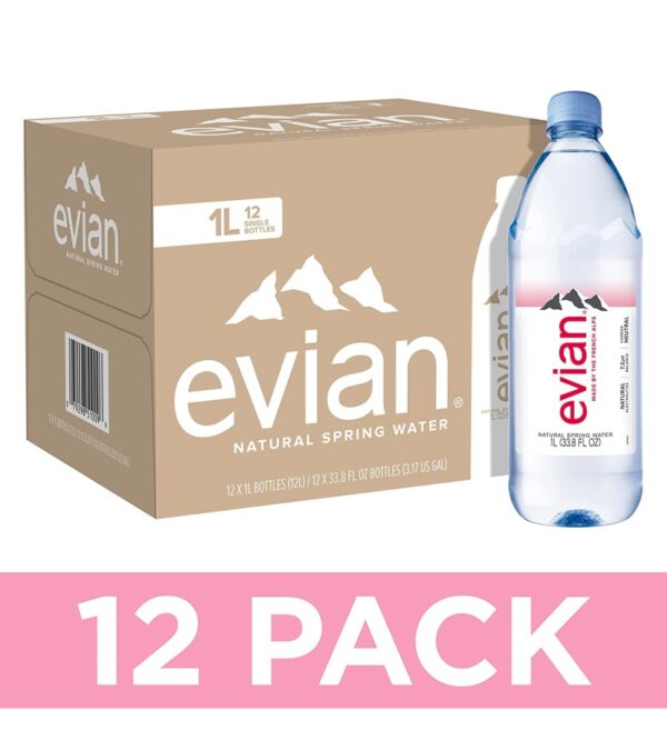 evian Natural Spring Water, Naturally Filtered Spring Water in Large Bottles, 33.81 Fl Oz (Pack of 12)