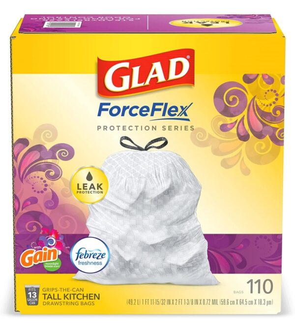 Glad Trash & Food Storage ForceFlex Protection Series Tall Trash Bags, 13 Gal, Gain Moonlight Breeze with Febreze, 110 Ct (Package May Vary)