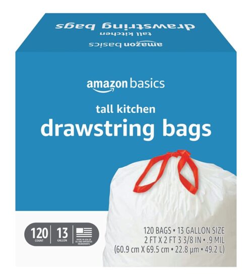 Amazon Basics Tall Kitchen Drawstring Trash Bags, 13 Gallon, 120 Count (Previously Solimo)