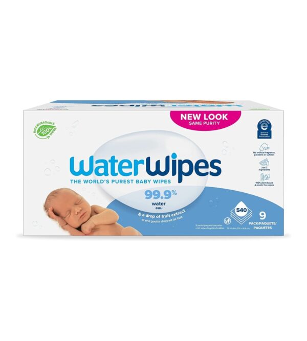 WaterWipes Plastic-Free Original Baby Wipes, 99.9% Water Based Wipes, Unscented & Hypoallergenic for Sensitive Skin, 540 Count (9 packs), Packaging May Vary