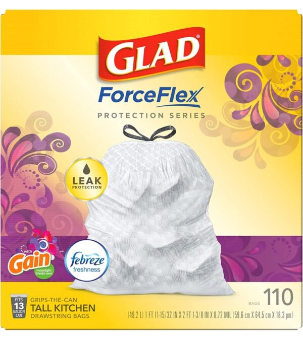 Glad Trash & Food Storage ForceFlex Protection Series Tall Trash Bags, 13 Gal, Gain Moonlight Breeze with Febreze, 110 Ct (Package May Vary)