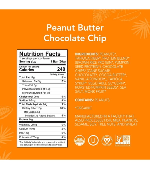 ALOHA Organic Plant Based Protein Bars |Peanut Butter Chocolate Chip | 12 Count, 1.98oz Bars | Vegan, Low Sugar, Gluten Free, Paleo, Low Carb, Non-GMO, Stevia Free, Soy Free, No Sugar Alcohols