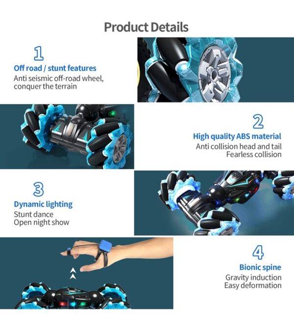 Deejoy RC Stunt Car, 2.4GHz 4WD Remote Control Gesture Sensor Toy Cars, Double Sided Rotating Off Road Vehicle 360° Flips with Lights Music, for Boys & Girls Birthday