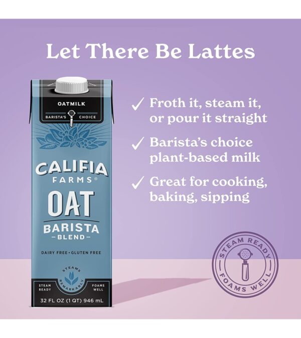 Califia Farms – Oat Barista Blend Oat Milk, 32 Oz (Pack of 6), Shelf Stable, Dairy Free, Plant Based, Vegan, Gluten Free, Non GMO, High Calcium, Milk Frother, Creamer, Oatmilk