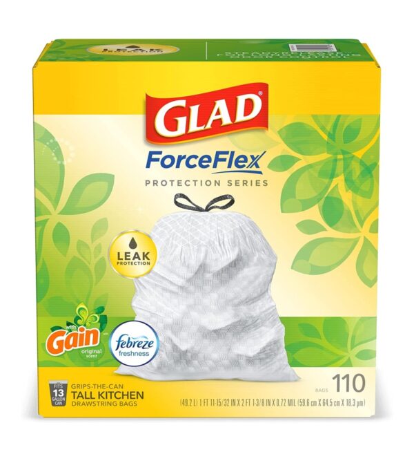 GLAD ForceFlex Tall Kitchen Drawstring Trash Bags, 13 Gallon White Trash Bag for Kitchen Trash Can, Gain Original Scent, Odor Shield, Odor Eliminator, Leak Protection, 110 Count