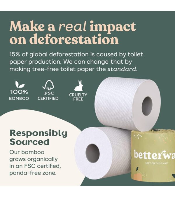 Betterway Bamboo Toilet Paper 3 PLY – Eco Friendly, Sustainable Toilet Tissue – 12 Double Rolls & 360 Sheets Per Roll – Septic Safe – Organic, Plastic Free, Compostable & Biodegradable – FSC Certified