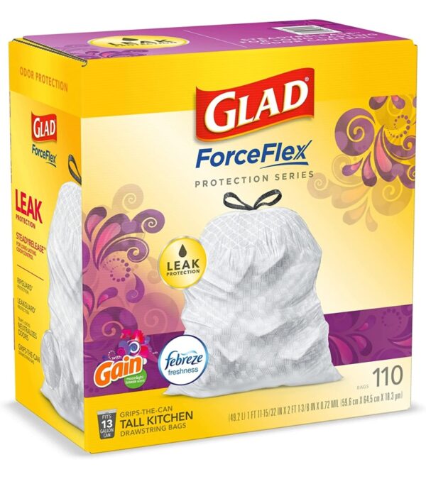 Glad Trash & Food Storage ForceFlex Protection Series Tall Trash Bags, 13 Gal, Gain Moonlight Breeze with Febreze, 110 Ct (Package May Vary)