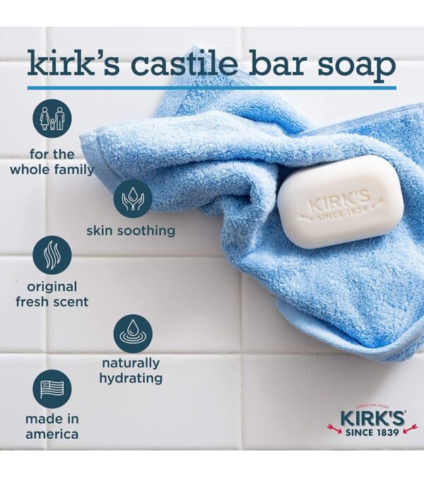 Kirk's Castile Bar Soap Clean Soap for Men, Women & Children| Premium Coconut Oil | Sensitive Skin Formula, Vegan | Original Fresh Scent | 4 oz. Bars – 12 Pack