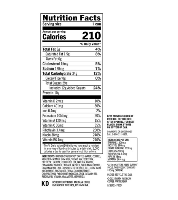 Starbucks RTD Energy Drink, Doubleshot Energy Drink, Coffee, Guarana, Vitamin B, Ginseng, 15 oz Cans (12 Pack)