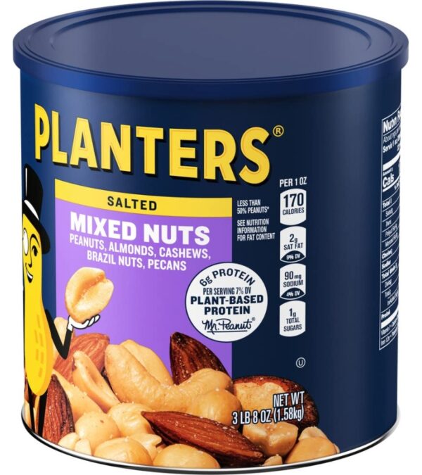 Planters Mixed Nuts Less Than 50% Peanuts with Peanuts (Almonds, Cashews, Brazil Nuts, Pecans & Sea Salt, 3.0 lb Canister)