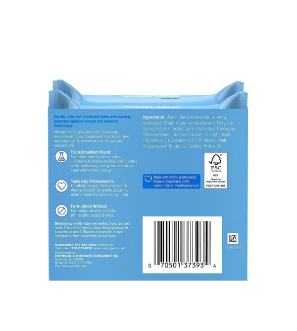 Neutrogena Cleansing Fragrance Free Makeup Remover Face Wipes, Cleansing Facial Towelettes for Waterproof Makeup, Alcohol-Free, Unscented, 100% Plant-Based Fibers, Twin Pack, 2 x 25 ct
