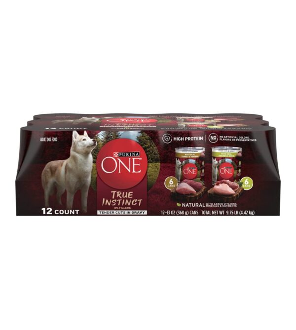 Purina ONE True Instinct Tender Cuts in Gravy With Real Turkey and Venison, and With Real Chicken and Duck High Protein Wet Dog Food Variety Pack – (12) 13 oz. Cans