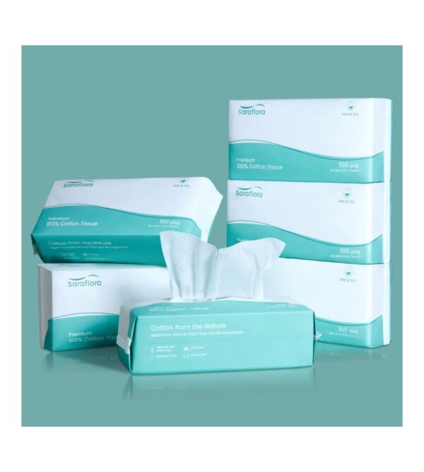 Saraflora 100% Cotton Facial Tissue, Soft Dry Wipe 6 Pack Size 7.9×7.9 inches, Use for Sensitive Skin Disposable Face Towel and Baby Washcloths, Makeup Wipes, Disposable Cleansing Cloths（600 Count ）