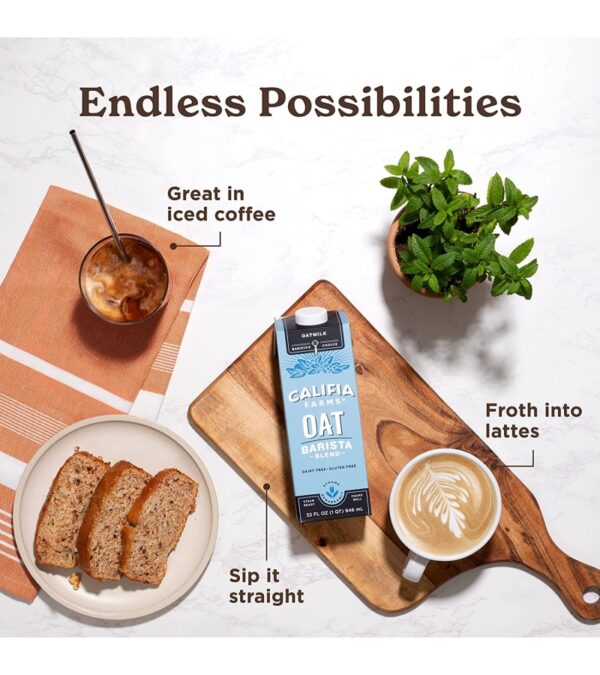 Califia Farms – Oat Barista Blend Oat Milk, 32 Oz (Pack of 6), Shelf Stable, Dairy Free, Plant Based, Vegan, Gluten Free, Non GMO, High Calcium, Milk Frother, Creamer, Oatmilk