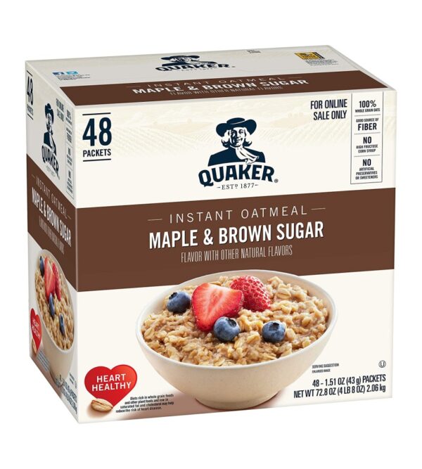 Quaker Instant Oatmeal, Maple & Brown Sugar, Individual Packets, 1.51 Ounce (Pack of 48)