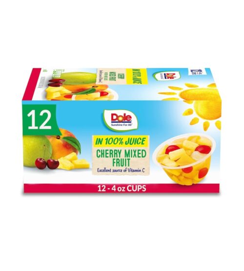 Dole Fruit Bowls Cherry Mixed Fruit in 100% Juice, Gluten Free Healthy Snack, 4 Oz, 12 Count