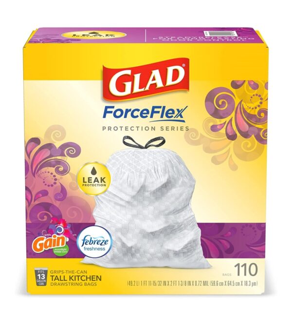 Glad Trash & Food Storage ForceFlex Protection Series Tall Trash Bags, 13 Gal, Gain Moonlight Breeze with Febreze, 110 Ct (Package May Vary)