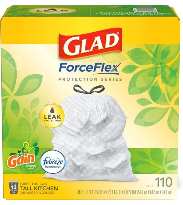 GLAD ForceFlex Tall Kitchen Drawstring Trash Bags, 13 Gallon White Trash Bag for Kitchen Trash Can, Gain Original Scent, Odor Shield, Odor Eliminator, Leak Protection, 110 Count