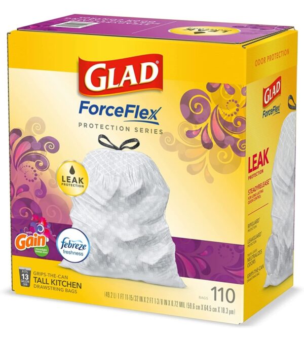 Glad Trash & Food Storage ForceFlex Protection Series Tall Trash Bags, 13 Gal, Gain Moonlight Breeze with Febreze, 110 Ct (Package May Vary)