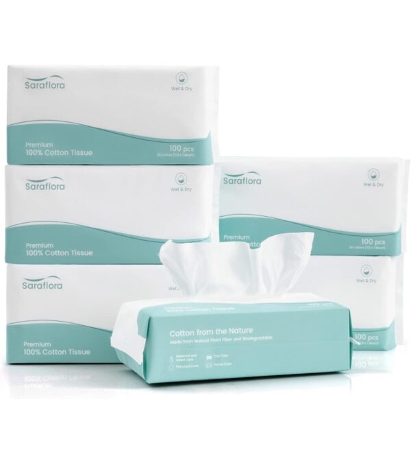Saraflora 100% Cotton Facial Tissue, Soft Dry Wipe 6 Pack Size 7.9×7.9 inches, Use for Sensitive Skin Disposable Face Towel and Baby Washcloths, Makeup Wipes, Disposable Cleansing Cloths（600 Count ）