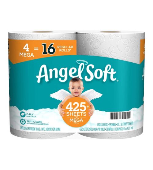 Angel Soft® Toilet Paper, 4 Mega Rolls = 16 Regular Rolls, 2-Ply Bath Tissue