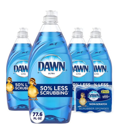 Dawn Ultra Dishwashing Liquid Dish Soap (4×19.4 Fl oz) + Non-Scratch Sponge (2 Count), Original Scent
