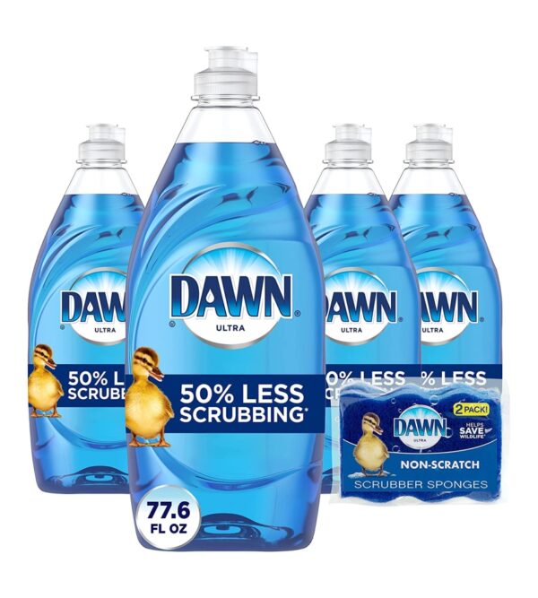 Dawn Ultra Dishwashing Liquid Dish Soap (4×19.4 Fl oz) + Non-Scratch Sponge (2 Count), Original Scent