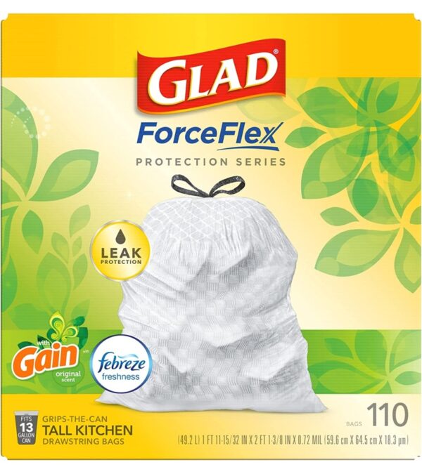 GLAD ForceFlex Tall Kitchen Drawstring Trash Bags, 13 Gallon White Trash Bag for Kitchen Trash Can, Gain Original Scent, Odor Shield, Odor Eliminator, Leak Protection, 110 Count