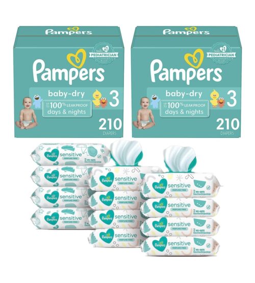 Pampers Baby Dry Disposable Baby Diapers Size 3, 2 Month Supply (2 x 210 Count) with Sensitive Water Based Baby Wipes, 12X Pop-Top Packs (864 Count)