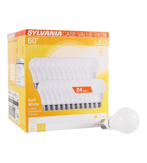 SYLVANIA LED A19 Light Bulb, 60W Equivalent, Efficient 8.5W, 10 Year, 2700K, 800 Lumens, Frosted, Soft White – 24 Pack (74765), Packaging may vary.