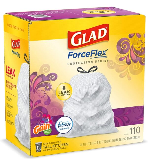 Glad Trash & Food Storage ForceFlex Protection Series Tall Trash Bags, 13 Gal, Gain Moonlight Breeze with Febreze, 110 Ct (Package May Vary)