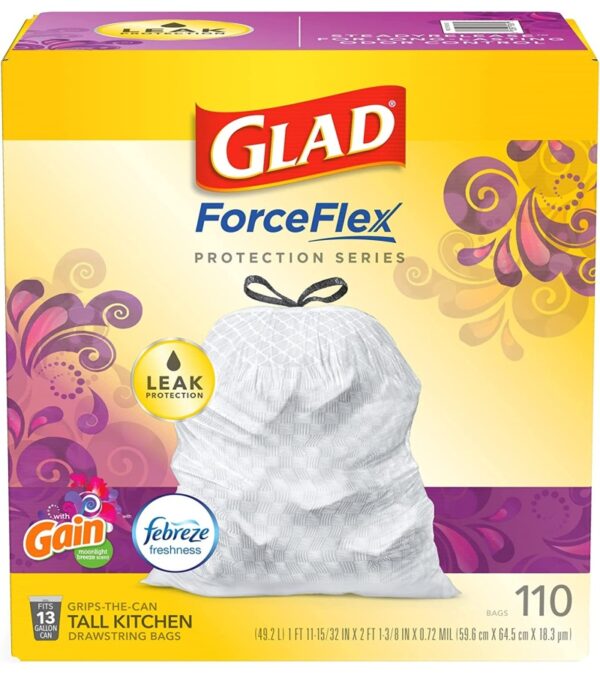 Glad Trash & Food Storage ForceFlex Protection Series Tall Trash Bags, 13 Gal, Gain Moonlight Breeze with Febreze, 110 Ct (Package May Vary)