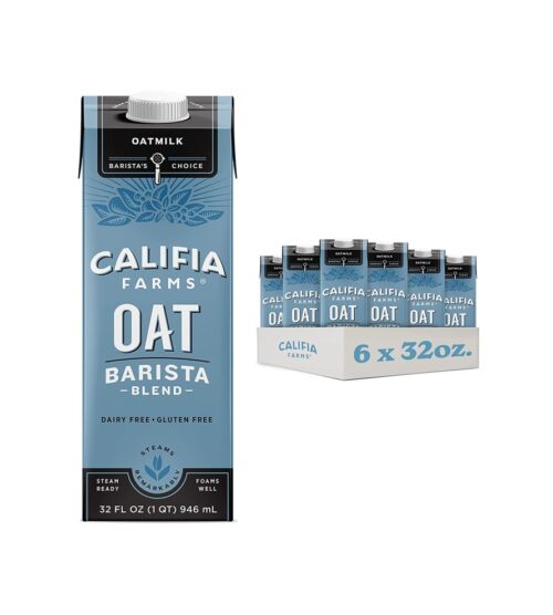 Califia Farms – Oat Barista Blend Oat Milk, 32 Oz (Pack of 6), Shelf Stable, Dairy Free, Plant Based, Vegan, Gluten Free, Non GMO, High Calcium, Milk Frother, Creamer, Oatmilk