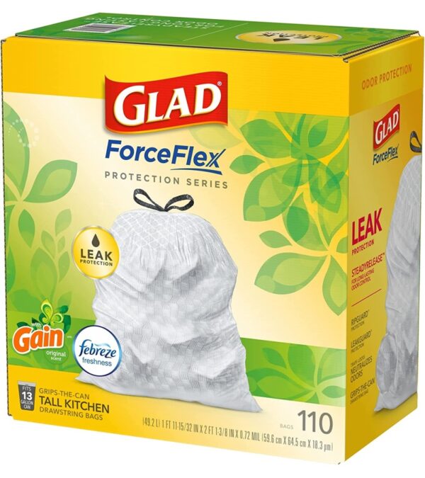 GLAD ForceFlex Tall Kitchen Drawstring Trash Bags, 13 Gallon White Trash Bag for Kitchen Trash Can, Gain Original Scent, Odor Shield, Odor Eliminator, Leak Protection, 110 Count