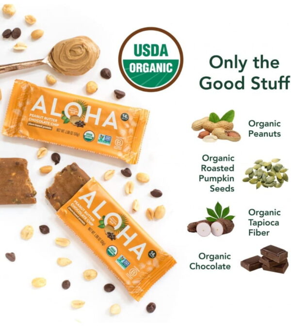 ALOHA Organic Plant Based Protein Bars |Peanut Butter Chocolate Chip | 12 Count, 1.98oz Bars | Vegan, Low Sugar, Gluten Free, Paleo, Low Carb, Non-GMO, Stevia Free, Soy Free, No Sugar Alcohols