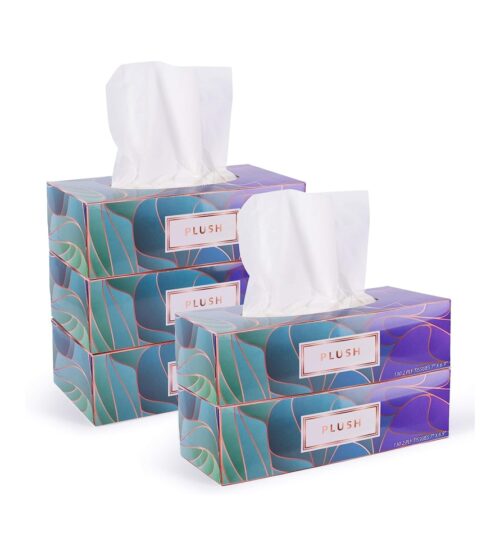 Plush Facial Tissues 130 Per Box Size 7″ X 6.9″ 2 Ply,Soft, Smooth, Great for Bathroom, Office, Store, School,Home, Kitchen, Or in Your Car & in Every Room (Family pack Pack of 5, 650 Tissues total)
