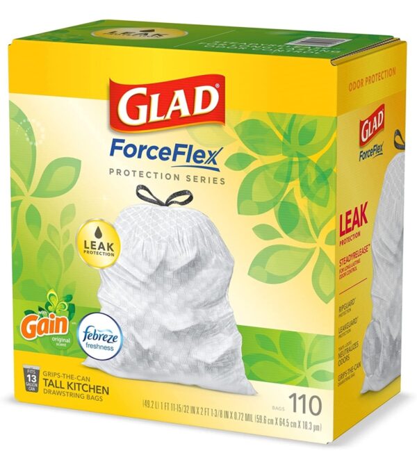 GLAD ForceFlex Tall Kitchen Drawstring Trash Bags, 13 Gallon White Trash Bag for Kitchen Trash Can, Gain Original Scent, Odor Shield, Odor Eliminator, Leak Protection, 110 Count