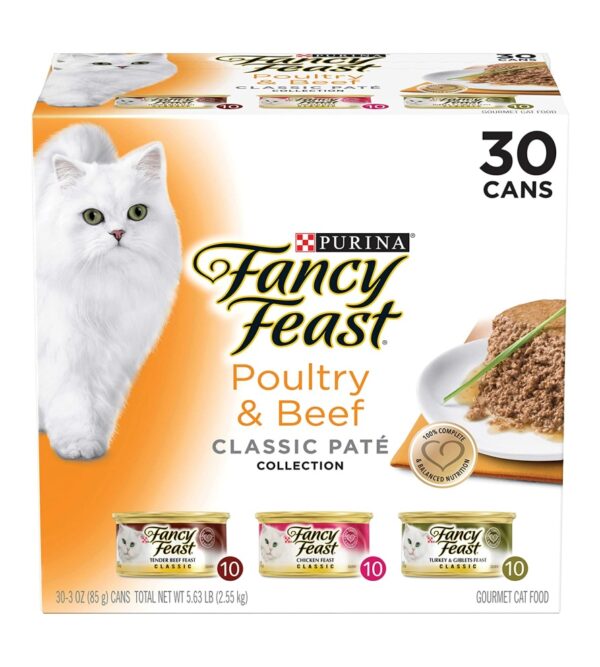Purina Fancy Feast Grain Free Pate Wet Cat Food Variety Pack, Poultry & Beef Collection – 3 oz. Cans, 30 Count (Pack of 1)