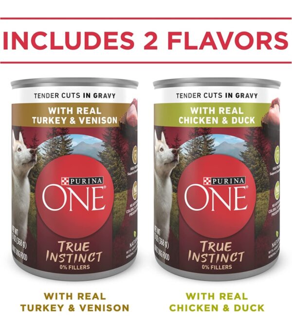 Purina ONE True Instinct Tender Cuts in Gravy With Real Turkey and Venison, and With Real Chicken and Duck High Protein Wet Dog Food Variety Pack – (12) 13 oz. Cans