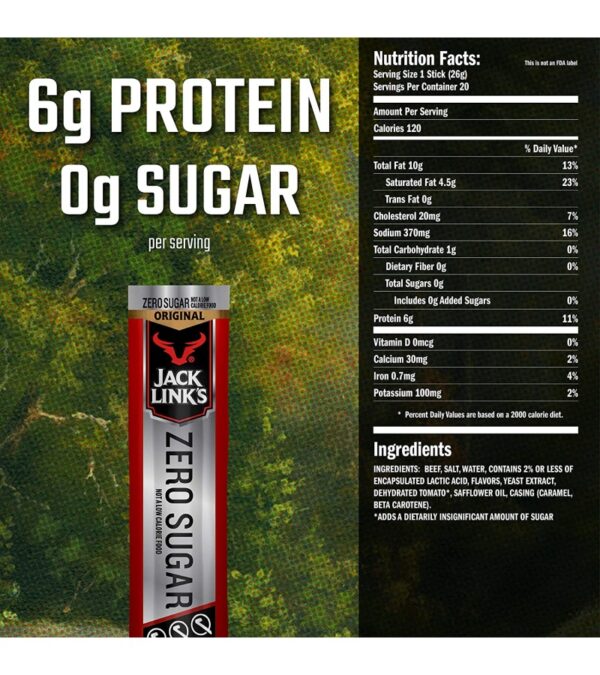 Jack Link's Beef Sticks, Zero Sugar, Original – Protein Snack, Meat Stick with 6g of Protein, Made with 100% Beef, No Added MSG** – 0.92 Oz. (20 Count)